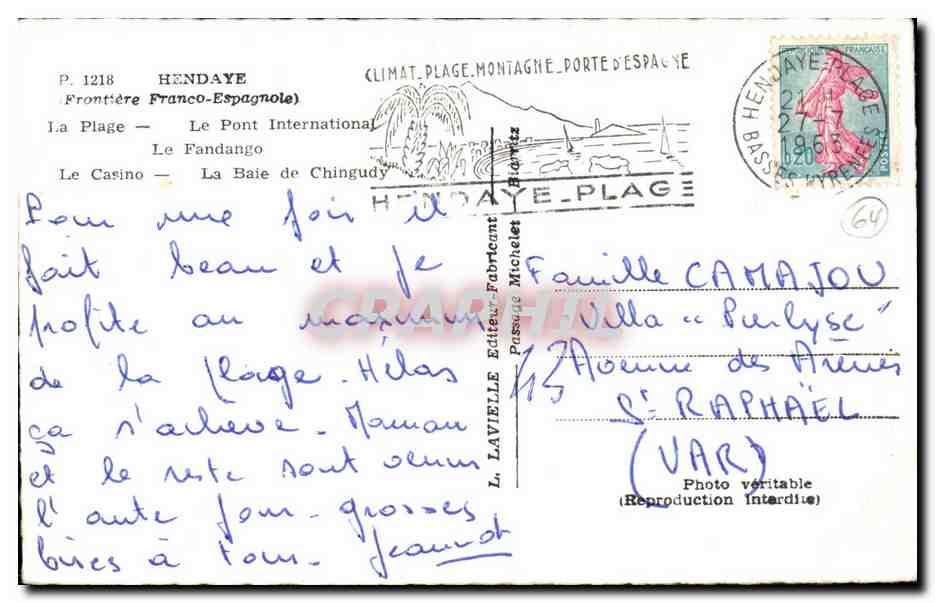 Hendaye — Vue panoramique — L. Lavieille, éditeur, n° P. 1218 — Verso