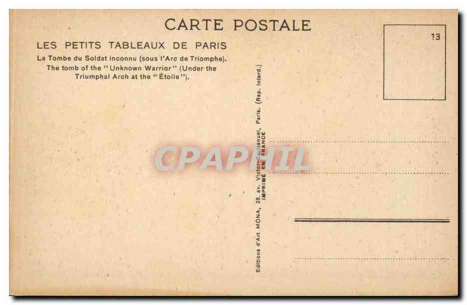 Paris CPA Tombe du soldat inconnu sous l'arc de triomphe — Verso
