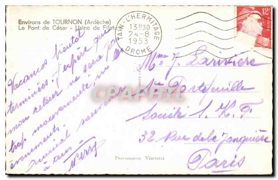 CPA Environs de Tournon Le pont de Cesar Usine de filature — Rückseite