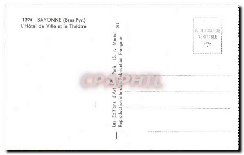 Bayonne CPA Hotel de ville et theatre — Verso