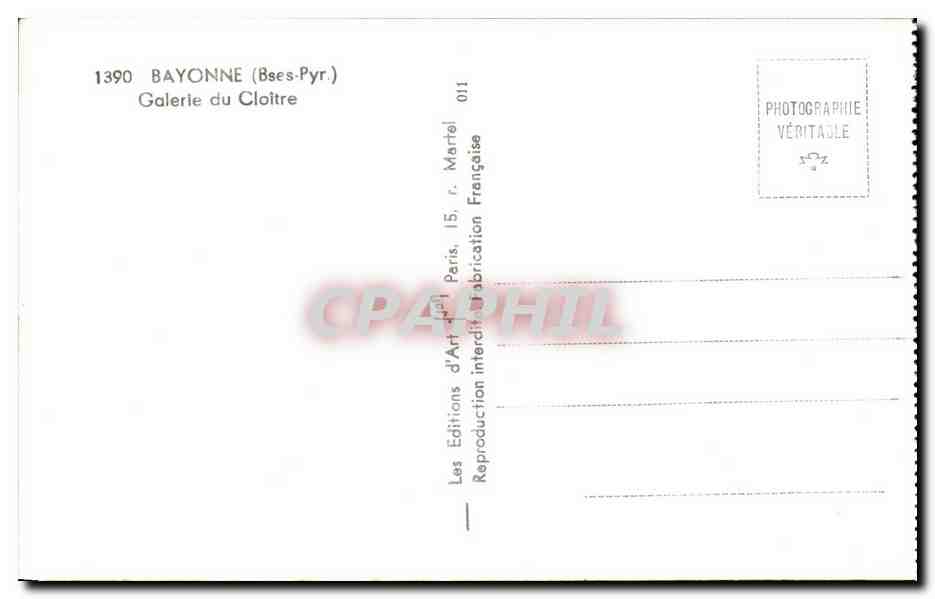 Bayonne CPA Galerie du cloitre — Verso