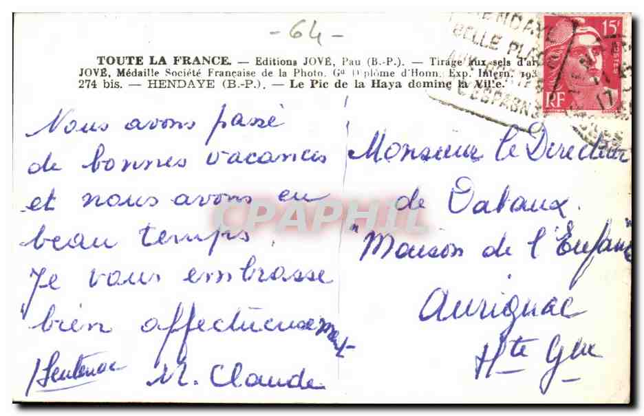 Hendaye CPM Le pic de la Haya domine la ville — Rückseite