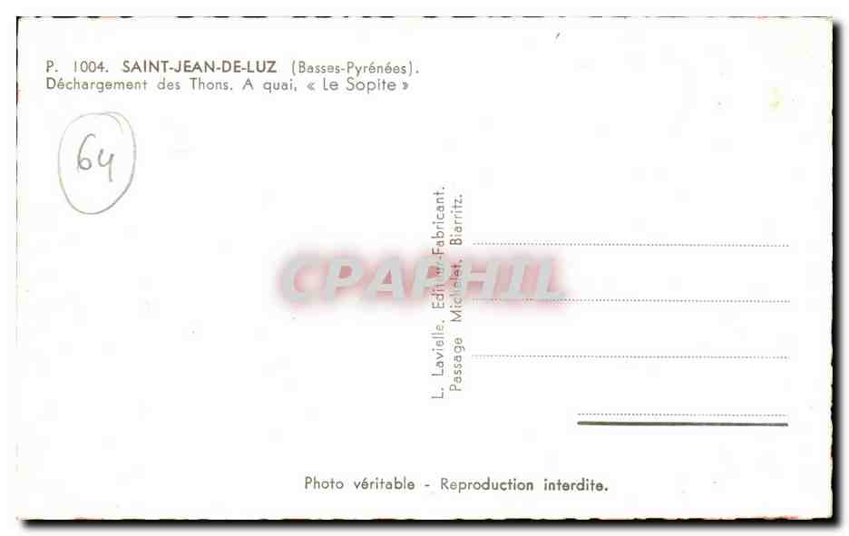 Saint Jean de Luz CPM Dechargement des thons A quai Le Sopite Tuna — Verso