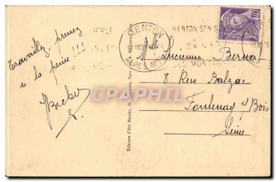 CPA Menton Vue generale prise de Garavan — Rückseite