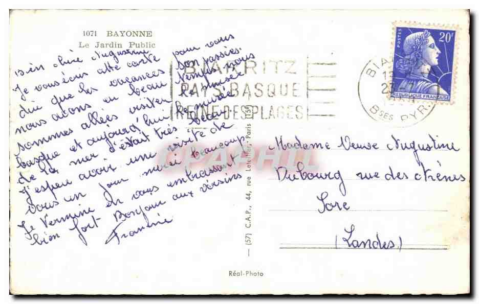 CPA Bayonne Le jardin public — Verso