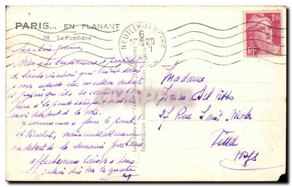 Paris CPA Pantheon — Verso