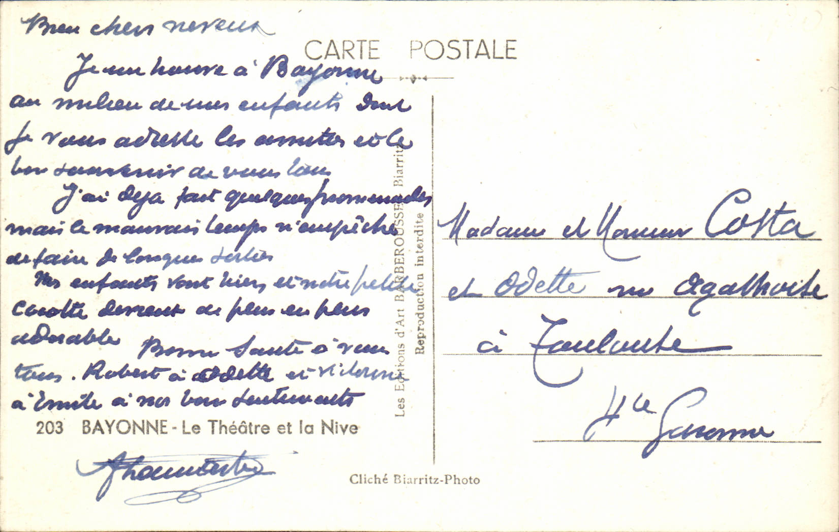 Bayonne CPA Le theatre et la Nive — Rückseite