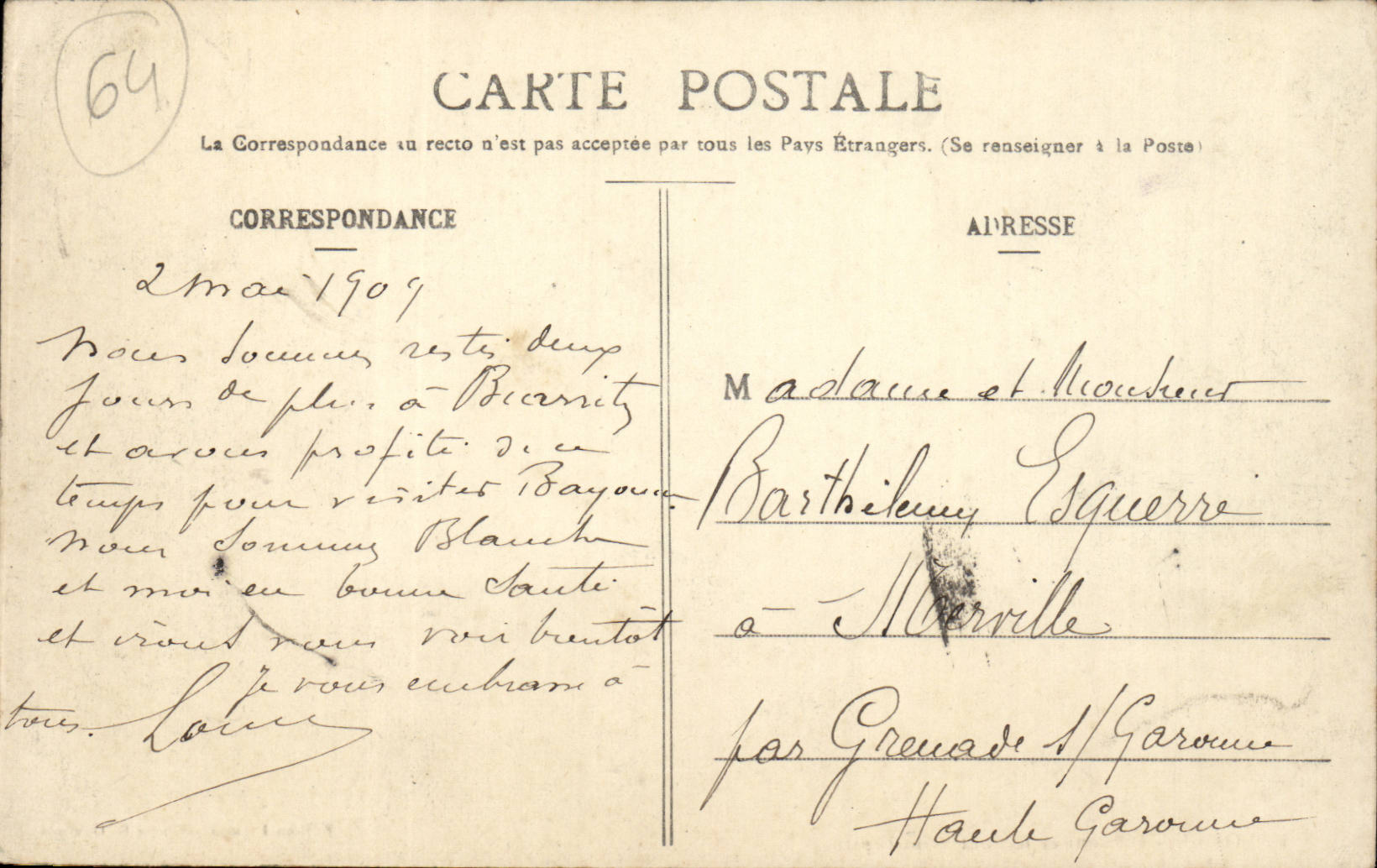 Bayonne CPA L'Adour et le pont St Esprit Bateau Voilier — Verso