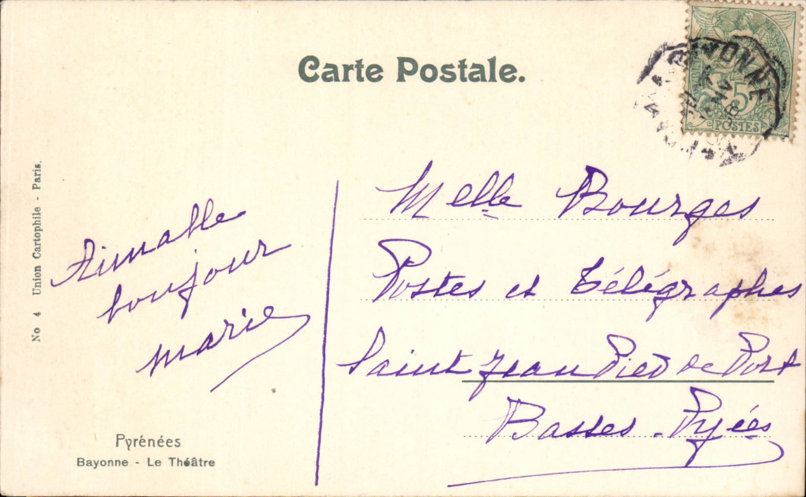 Bayonne CPA Le theatre Bateau Voilier — Verso