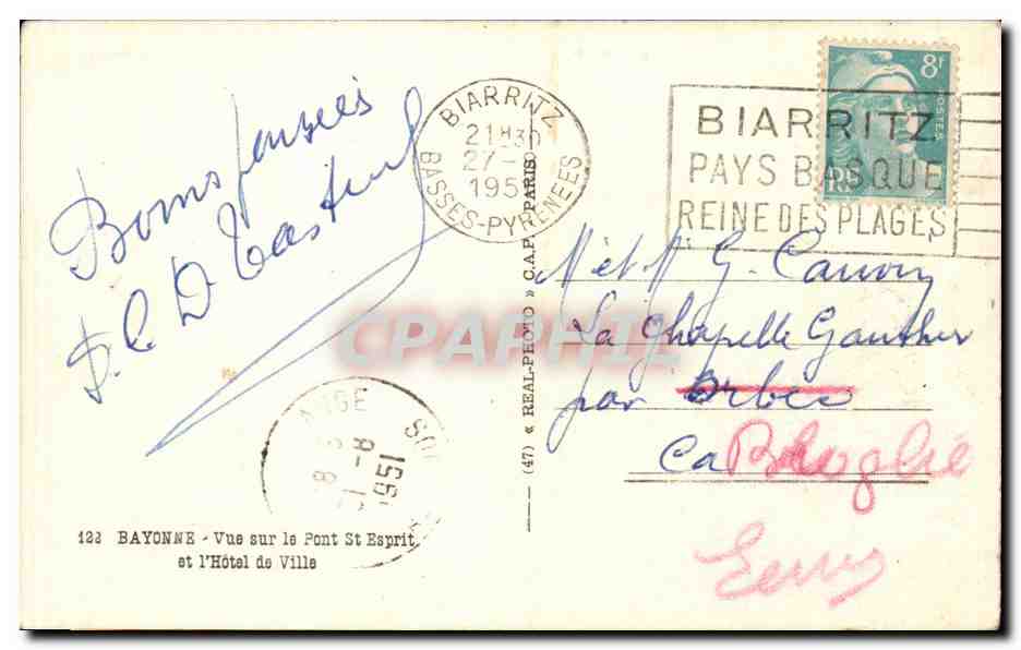 CPA Bayonne Vue sur le pont St Esprit et l'hotel de ville — Verso
