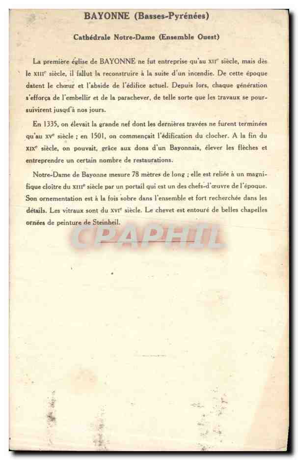CPA Bayonne Cathedrale Notre Dame  — Verso
