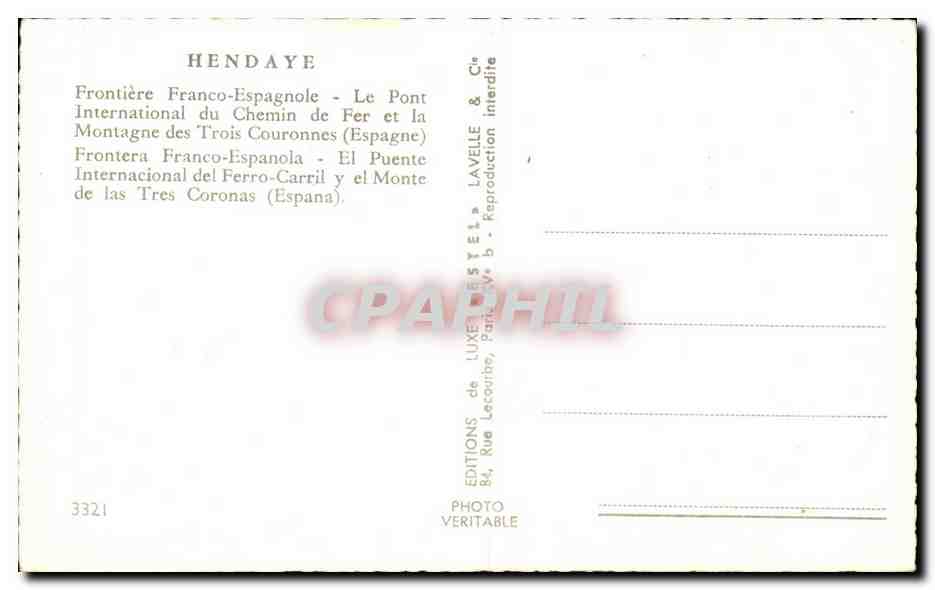 Pont sur le fleuve à Hendaye — Frontière Franco-Espagnole — Éditeur Lavelle & Cie, n°3321 — Verso