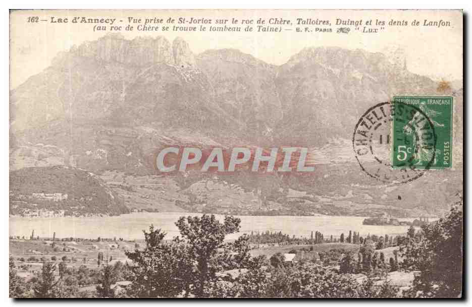 Lac d'Annecy — Vue prise de St-Jorioz sur le roc de Chère, Talloires, Duingt et les dents de Lanfon — B.F. PARIS « LUT »