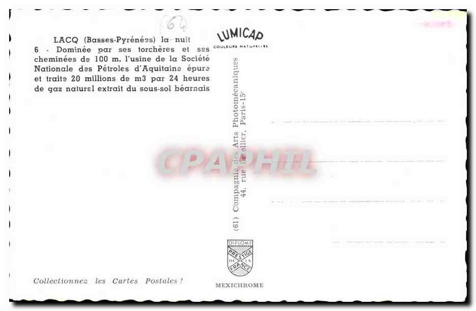 CPSM Lacq La nuit Societe nationale des petroles d'aquitaine oil gaz — Rückseite