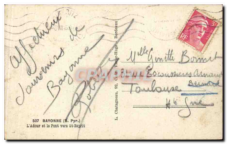 CPA Bayonne l'Adour et le pont vers St Esprit — Verso