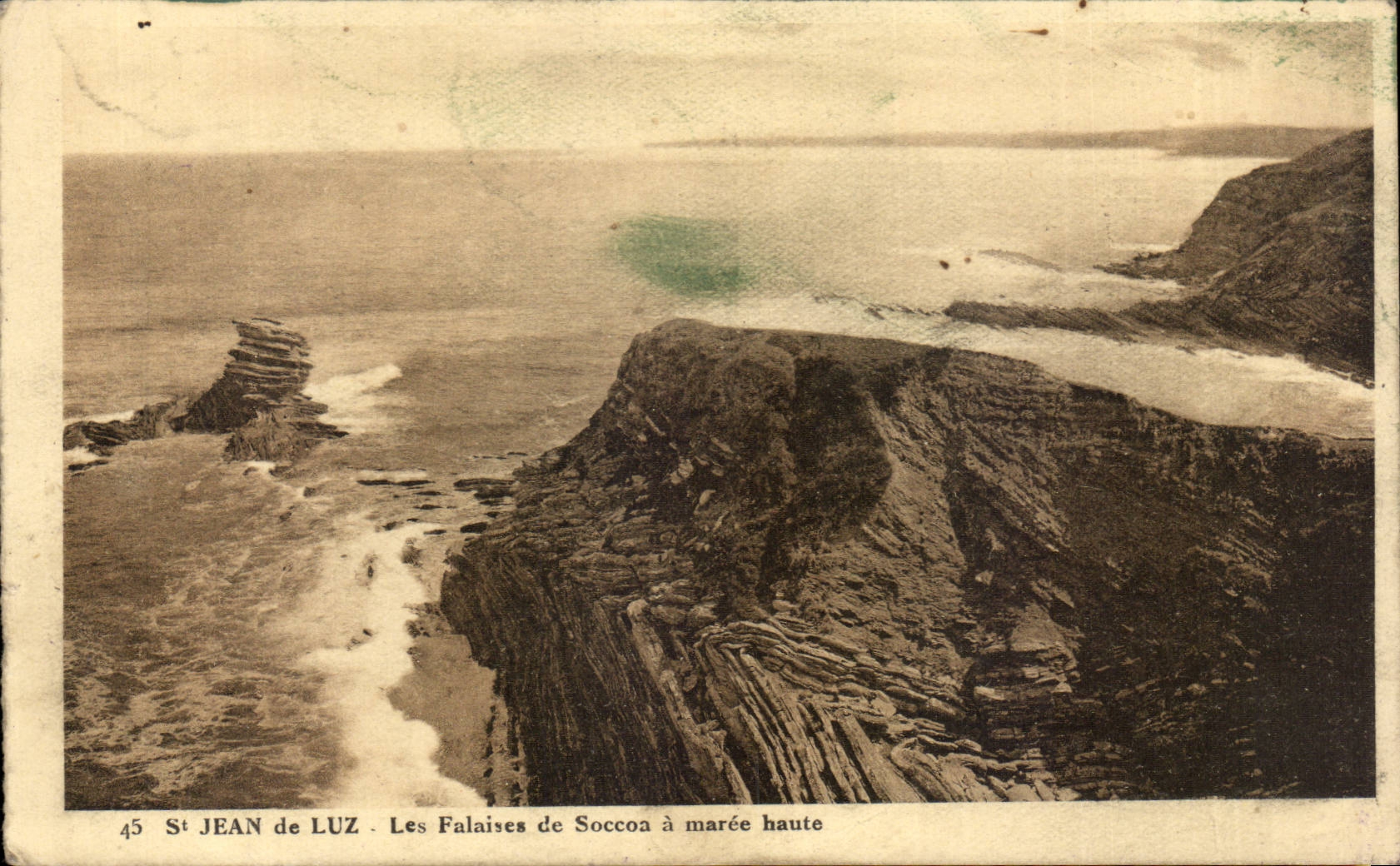 St JEAN de LUZ — The Cliffs of Soccoa at High Tide — Published by A la Civette, St Jean de Luz, no. 45