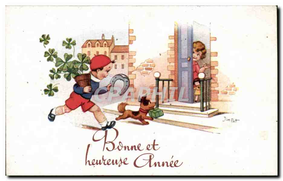 CPA Fantaisie Bonne annee Fer a cheval chien dog