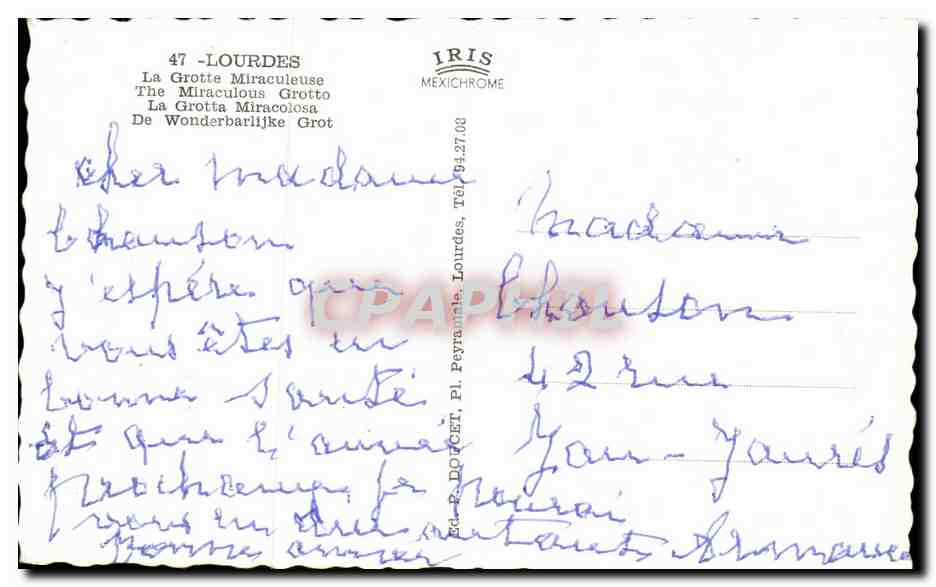 Grotte Miraculeuse de Lourdes — éditeur IRIS MEXICHROME, n°47 — Verso