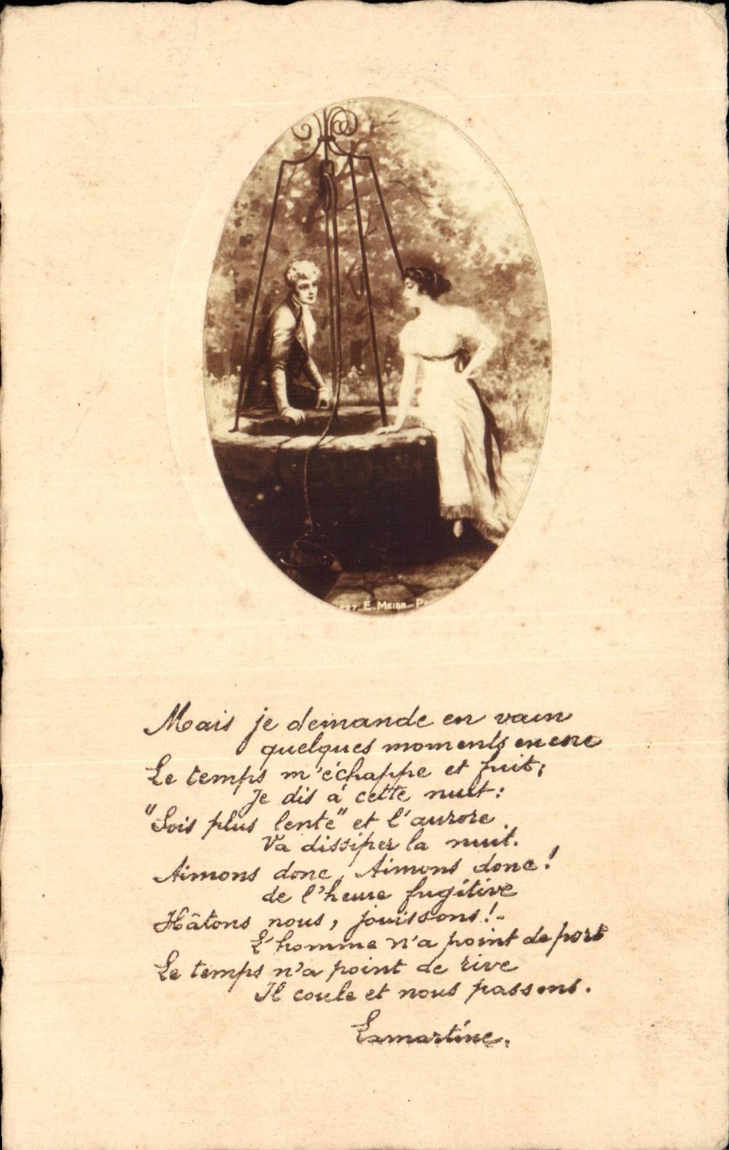 Deux personnes à la fontaine — poème et correspondance manuscrite — E. Meun-Pr