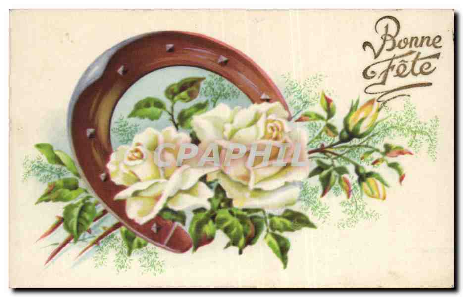 CPA Fantaisie Bonne fete Fer a cheval Roses
