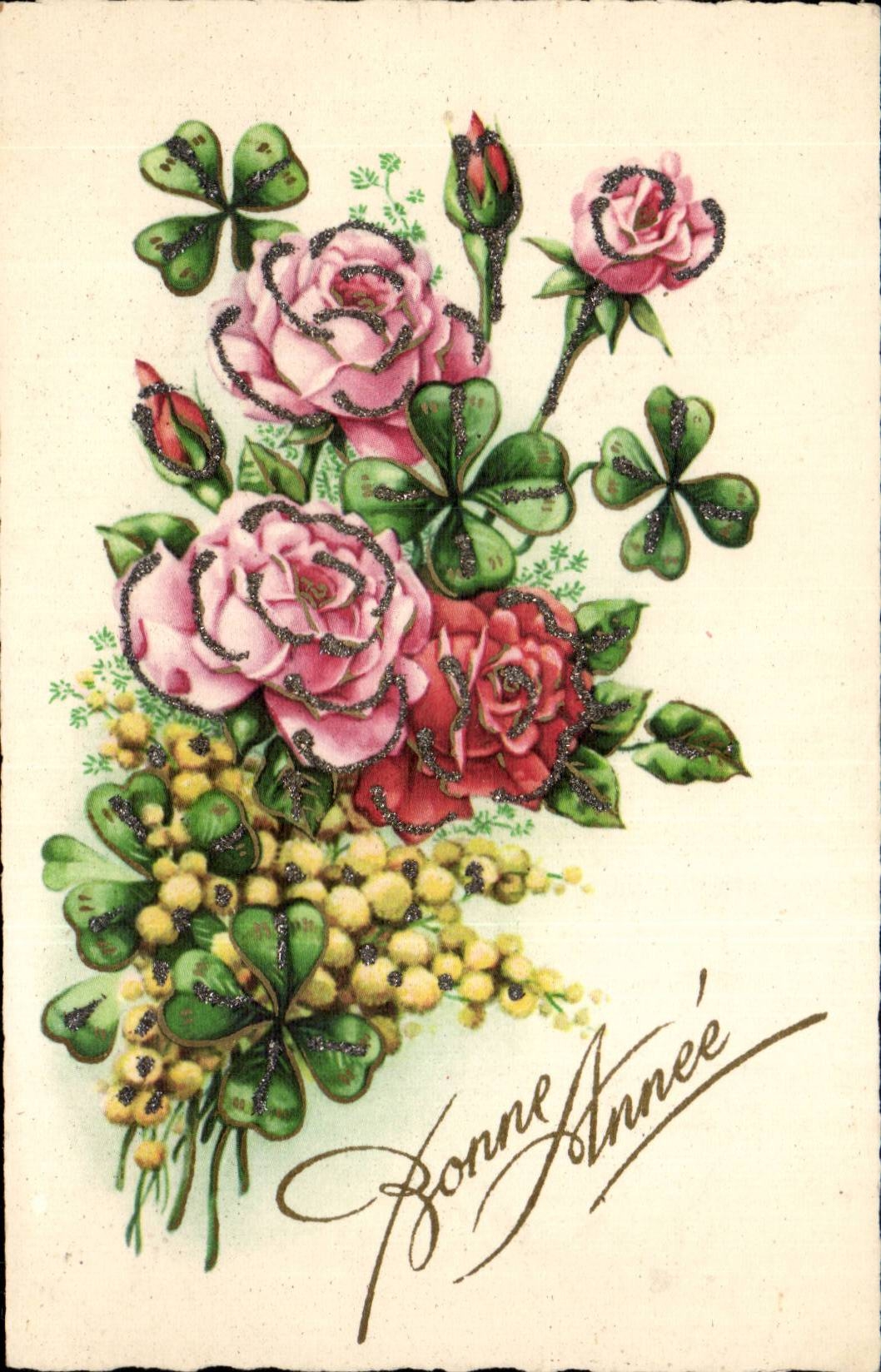 CPA Fantaisie Fleur Bonne annee Roses