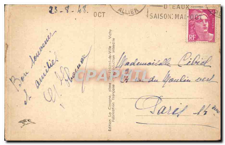CPA Vichy Villa Sevigne — Verso