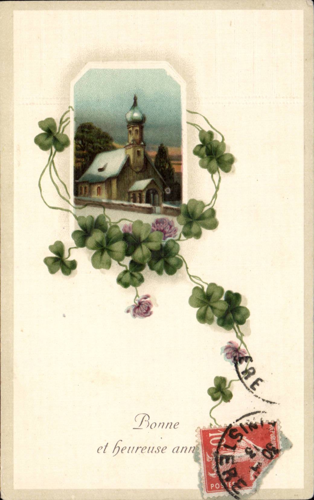 CPA Fantaisie Bonne annee Eglise et trefles