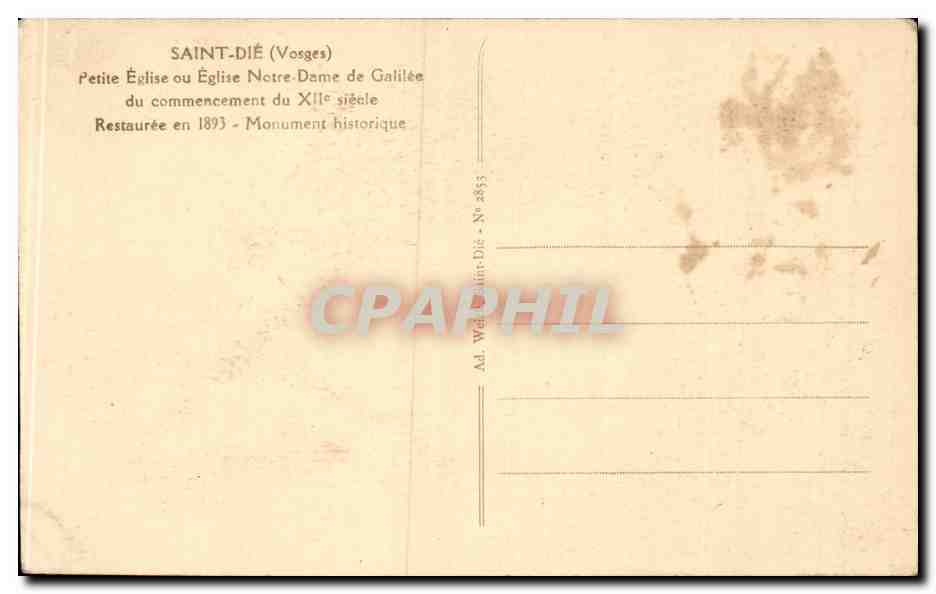 CPA Saint Die Petite eglise ou eglise Notre DAme de Galilee du commencement du 12eme — Rückseite