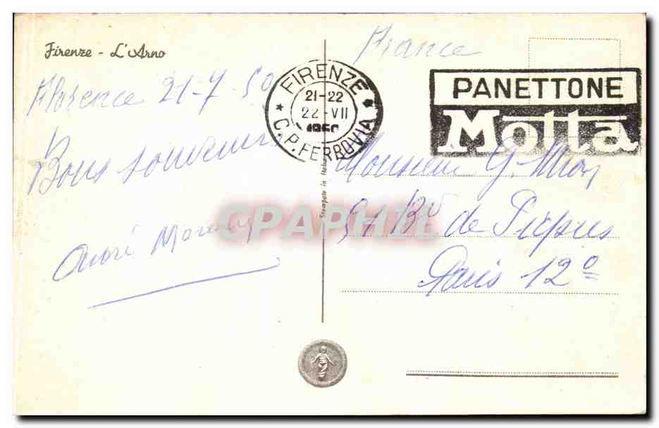 CPA Italie italia Firenze L'arno Publicite Glace motta panettone — Verso