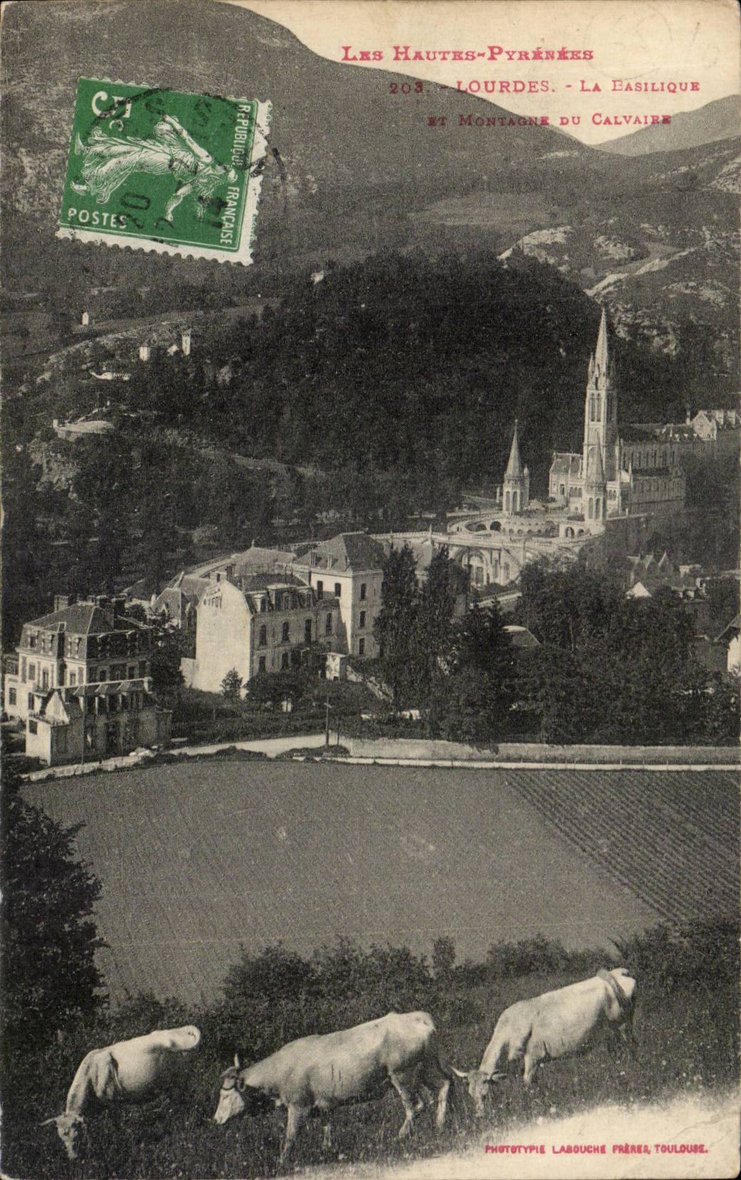 CPA Lourdes la Basilique et montagne du calvaire