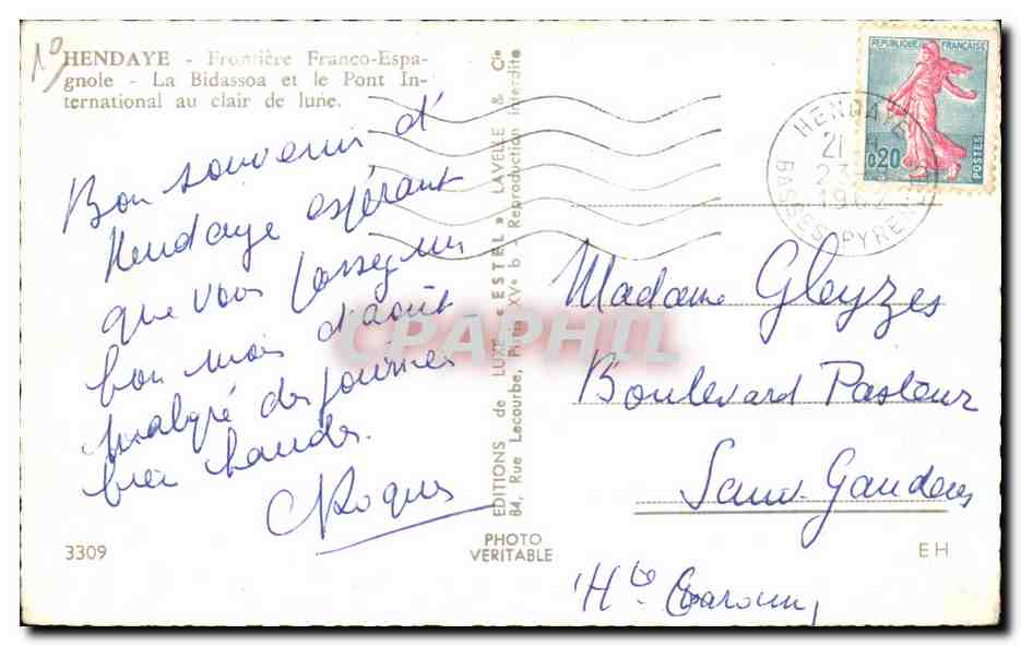 Hendaye - La Bidassoa et le Pont International au clair de lune — Éditions de Lune, n°3309 — Verso
