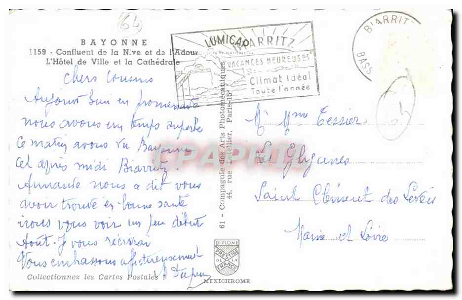 CPA Bayonne Confluent de la Nive et de l'Adour L'hotel de ville et la cathedrale — Verso