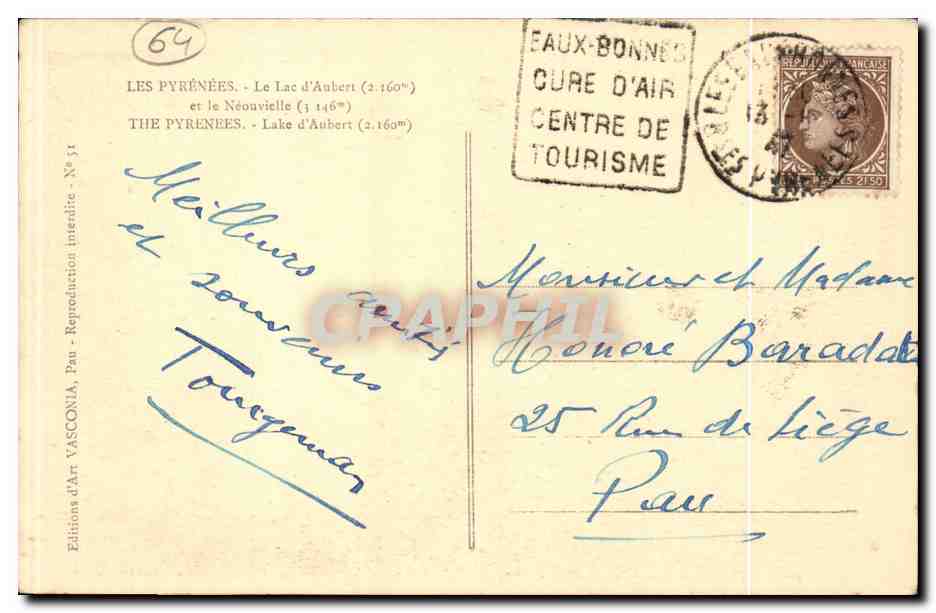 Les Pyrénées — Lac d'Aubert et le Néouvielle — Éditions d'Art Vasconia, Pau, N° 54 — Verso