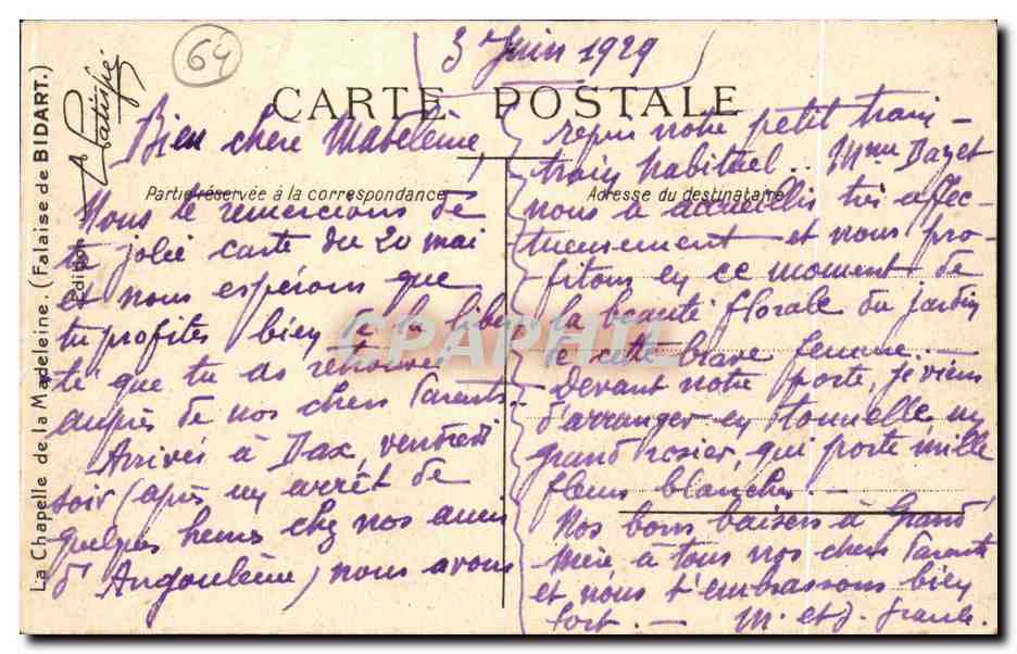 CPA la chapelle de la Madeleine Falaise de Bidart — Rückseite