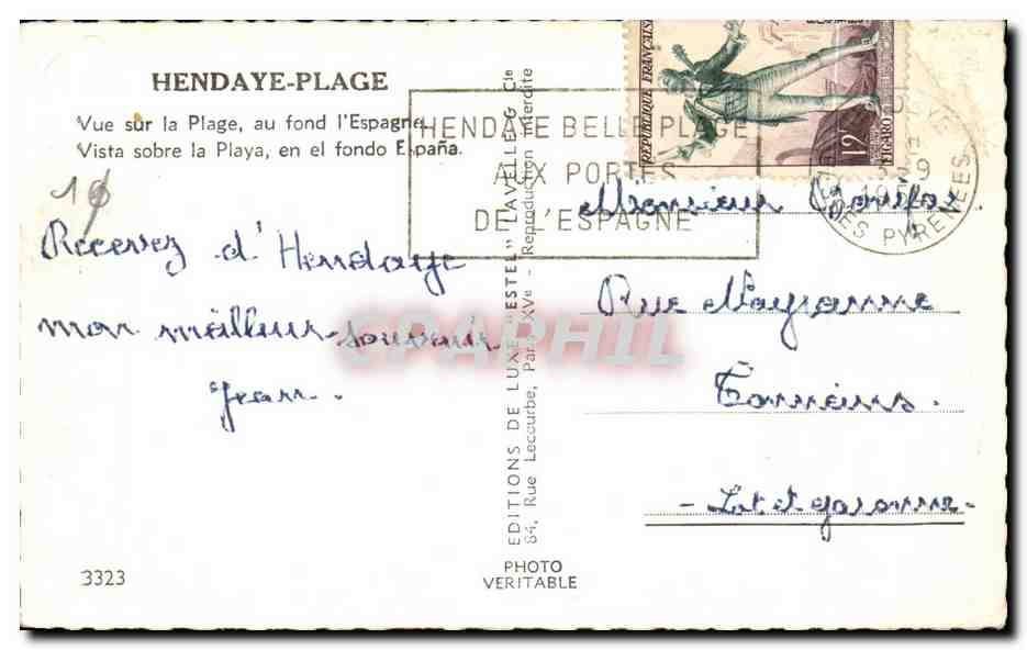 Plage de Hendaye — vue sur la plage avec l'Espagne au fond — Éditions de Luna Estel, n°3323 — Achterkant