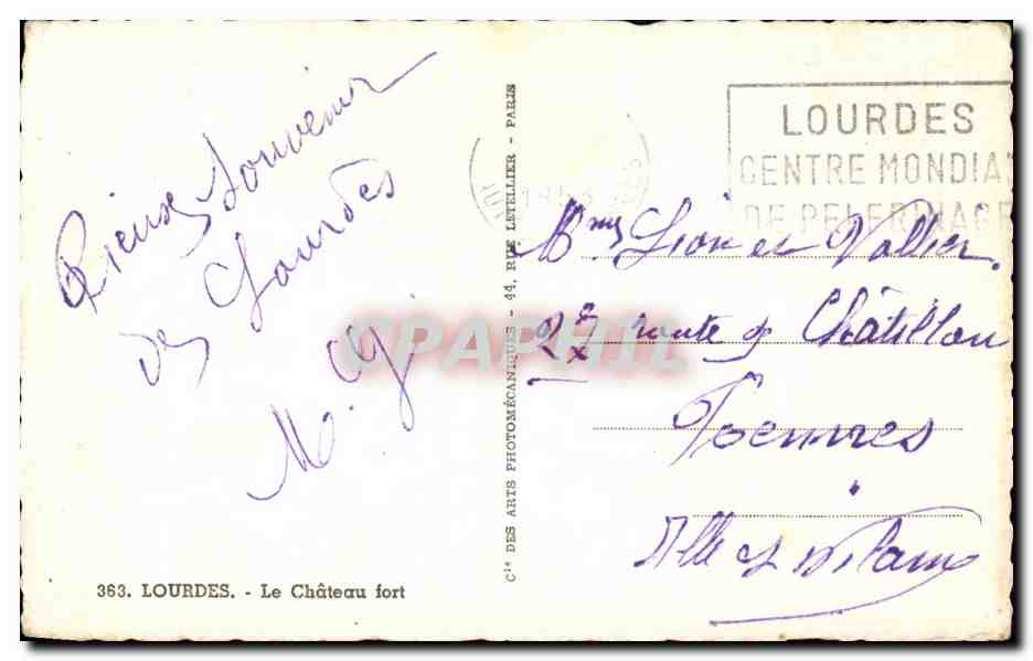Lourdes — Le Château fort — Cie des Arts Photographiques - Paris, n° 363 — Verso