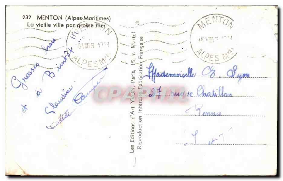 CPA Menton La vieille vile par grosse mer — Rückseite