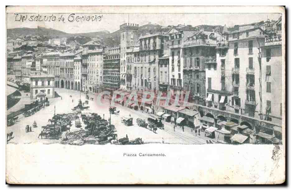 CPA Italie Italia Un saluti de Genova Piazza Caricamento