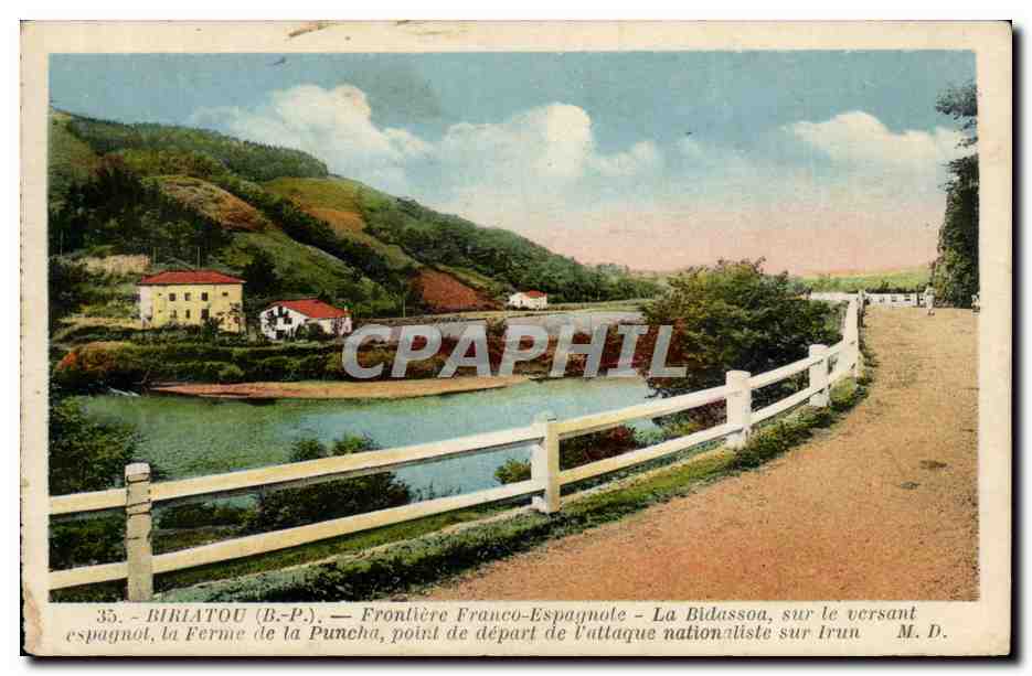 Biriatou (B.-P.) — Französisch-spanische Grenze — La Bidassoa, auf der spanischen Seite, die Farm von Puncha, Ausgangspunkt des nationalistischen Angriffs auf Irun