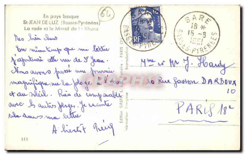 St-Jean-de-Luz — Ansicht der Bucht und des Rhune-Massivs — Edition Greff — Rückseite