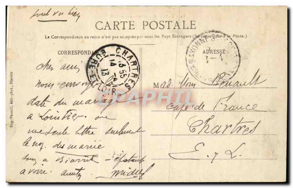 CPA Biarritz Hotel Continental — Verso