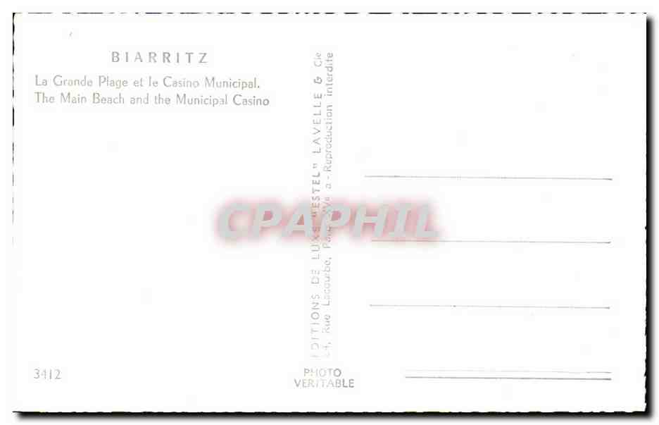 Biarritz — La Grande Plage et le Casino Municipal — Éditeur Estel, n° 3412 — Verso