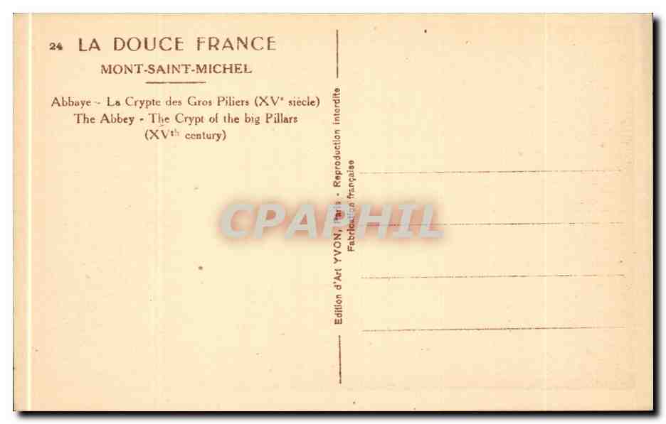 Mont-Saint-Michel — Crypte des Gros Piliers — Édition d'Art YVON, Paris — Verso