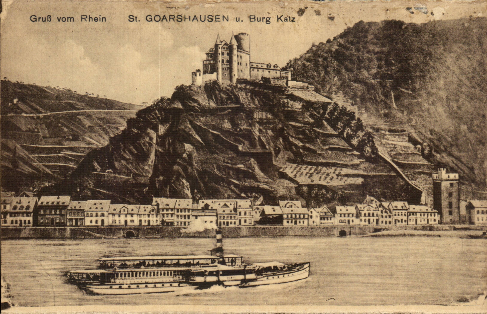 St. GOARSHAUSEN u. Burg Katlz — vue du Rhin avec château sur rocher — éditeur R.S.M.