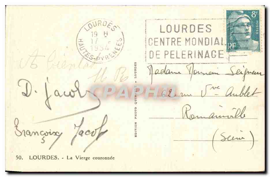 Lourdes — Die gekrönte Jungfrau — Photo Quinquet Edition, Lourdes (Serie 50) — Rückseite