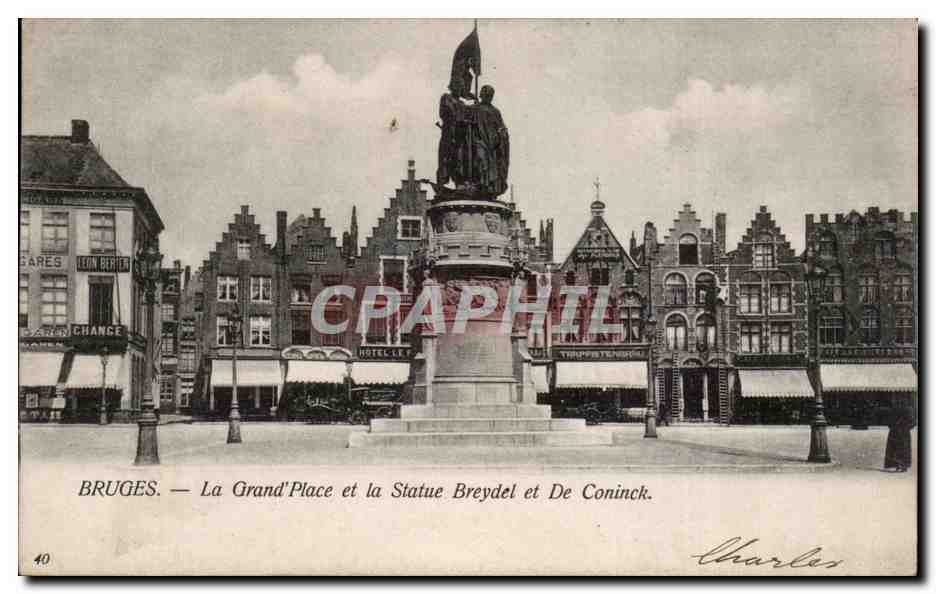 CPA Bruges La grand place et la statue Breydel et De Coninck