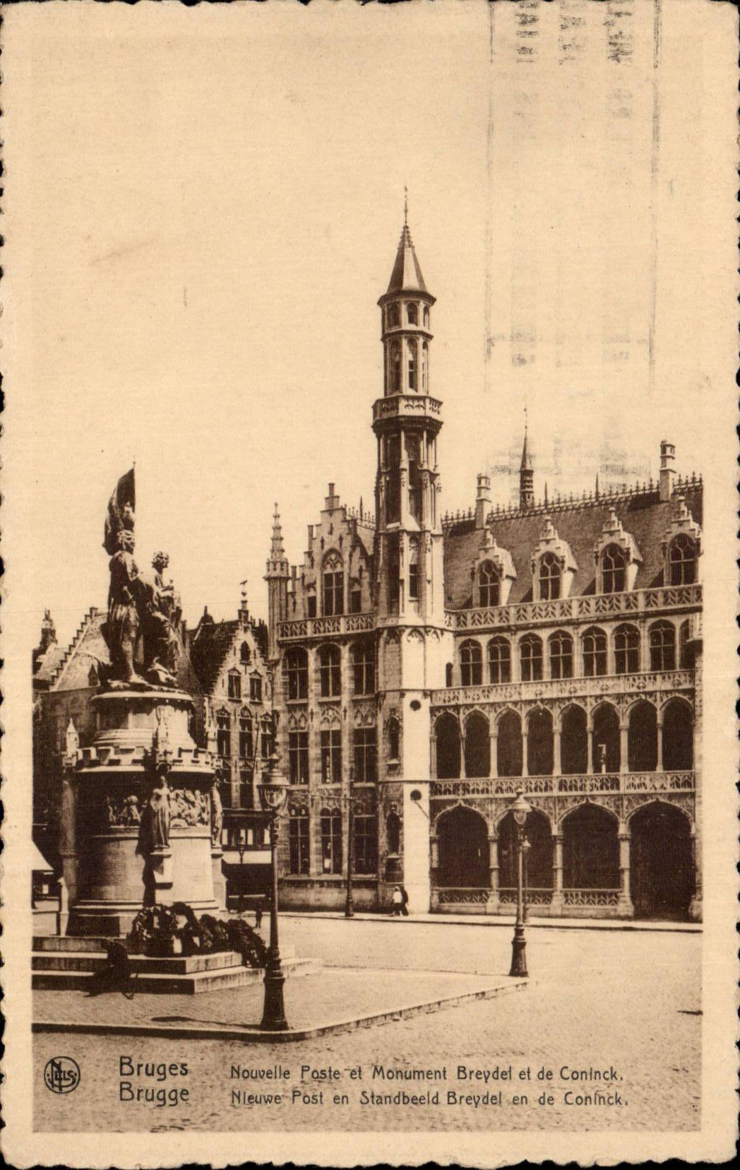 CPA Bruges Nouvelle poste et monument Breydel et de Coninck