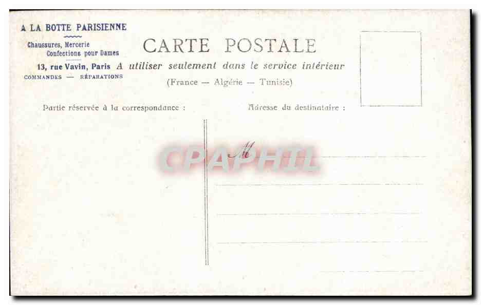 Chute d'eau dans un cadre forestier — éditeur A LA BOTTE PARISIENNE, 13 rue Vavin, Paris — Verso