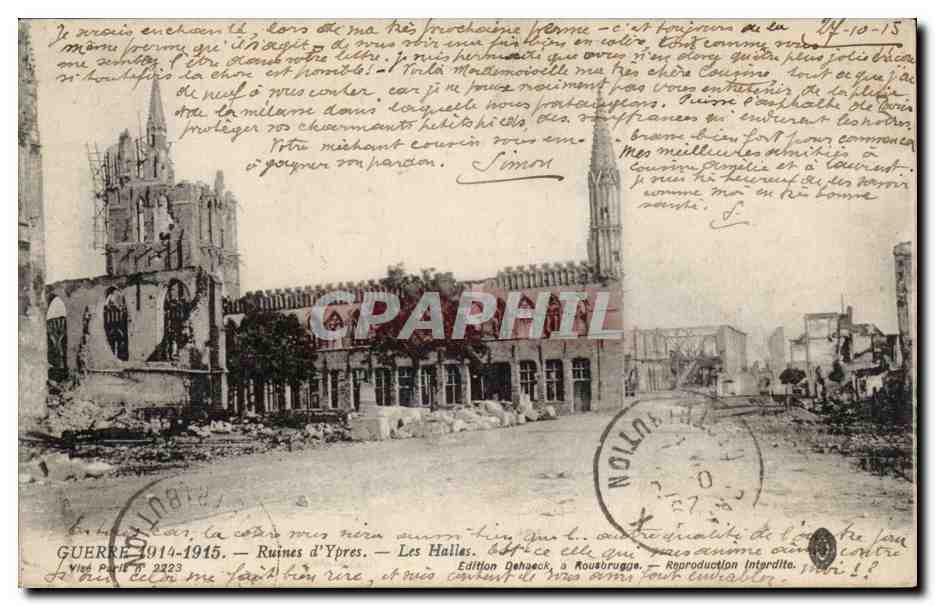 CPA Belgique Ypres Ruines Les halles