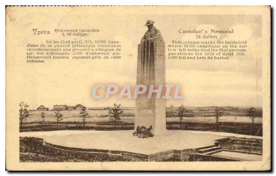 CPA Belgique Ypres Monument canadien a St Julien 